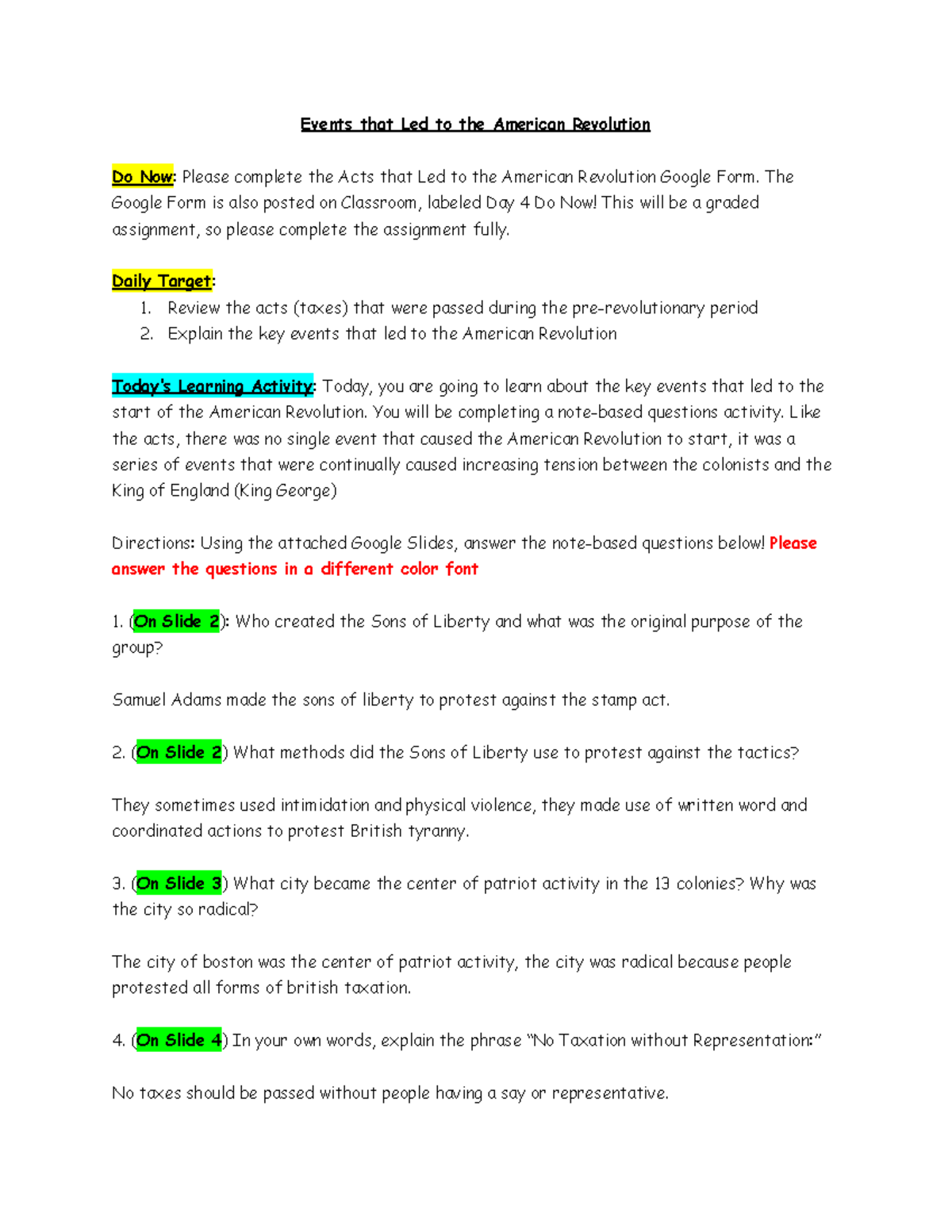 Day 3 Key Events Leading to the American Revolution: Activities & Notes ...