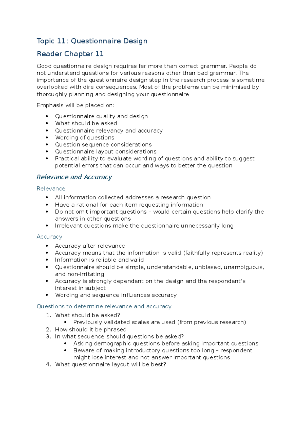 Topic 11 - Topic 11: Questionnaire Design Reader Chapter 11 Good ...