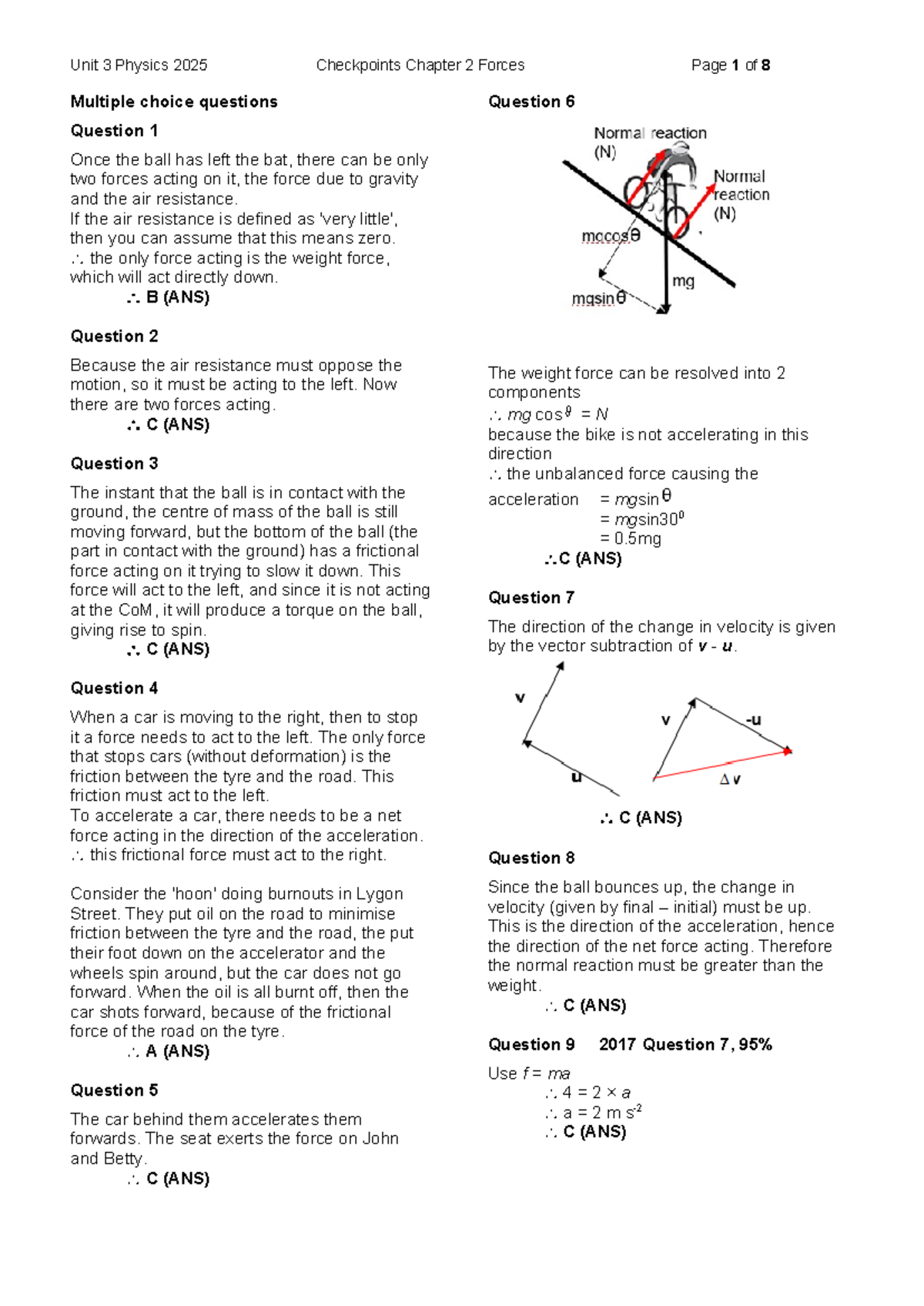 Unit 3 Physics 2025 Checkpoints: Chapter 2 Forces MCQ Solutions - Studocu