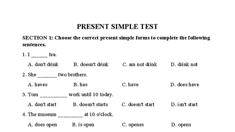 Present Simple Test - ABC Course Code - Studocu