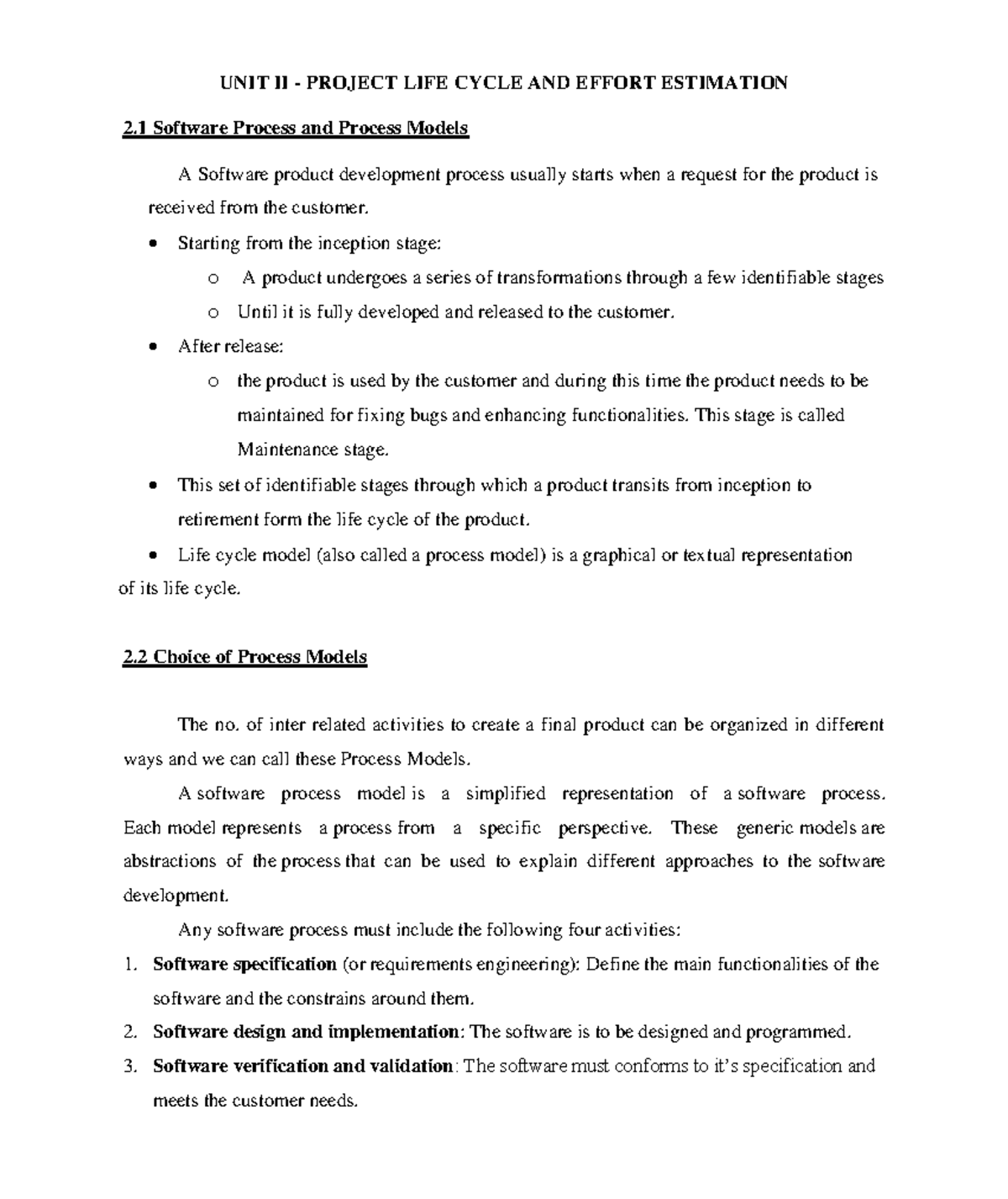 SPM UNIT II: Project Life Cycle & Effort Estimation Notes - Studocu