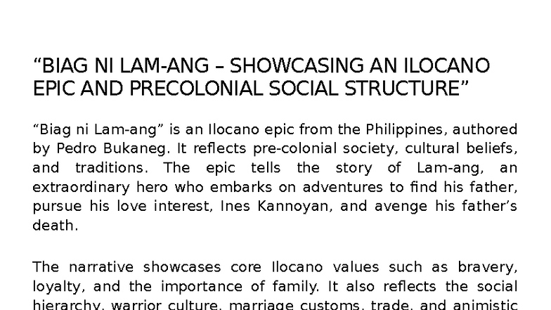 RPHIST 101: Summary of the Ilocano Epic 
