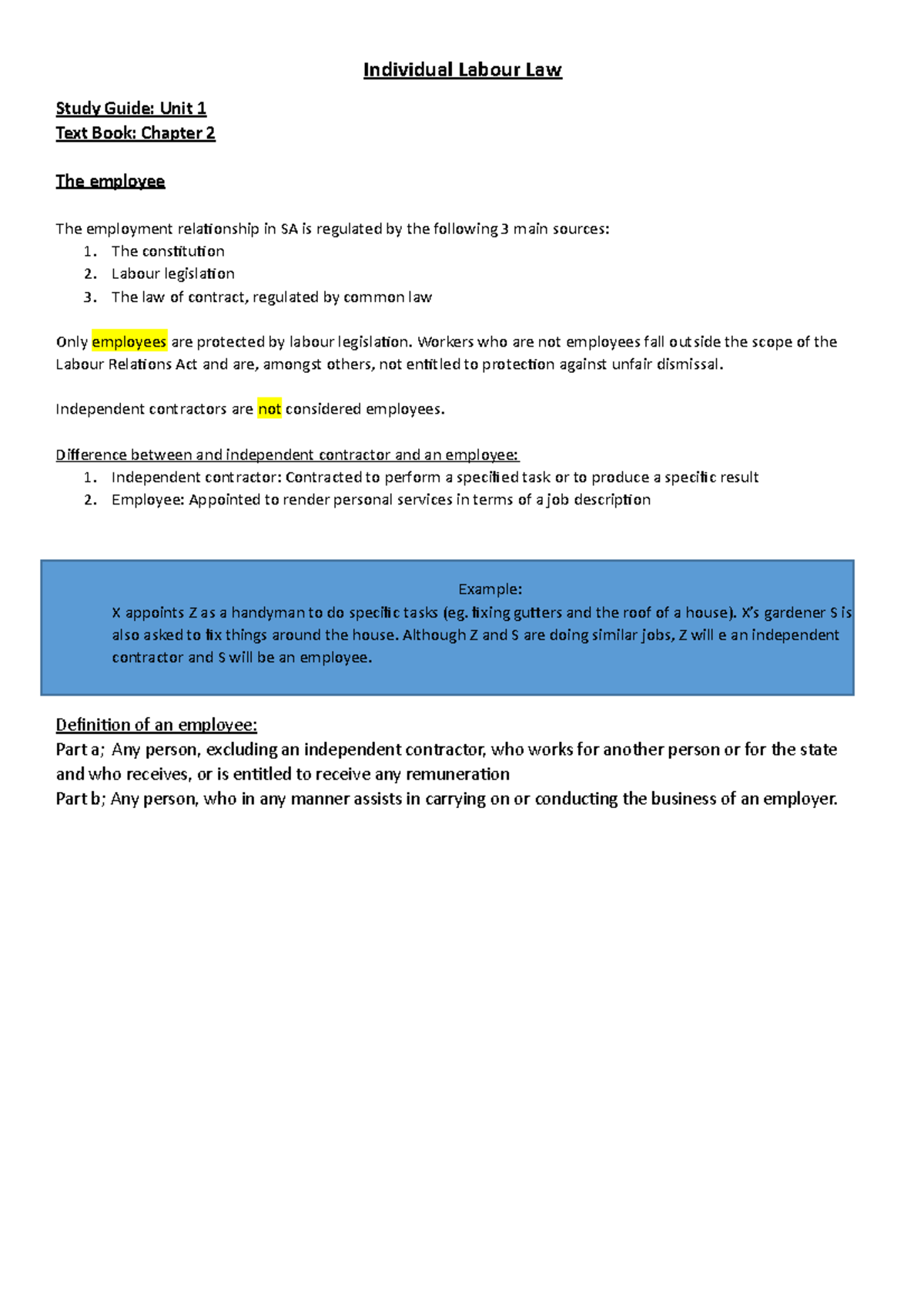 Individual Labour Law - Study Notes for Chapter 2 (SA Employment) - Studocu