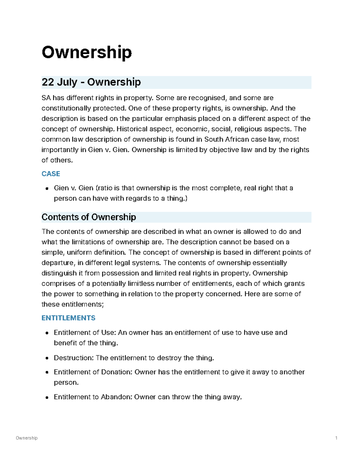 Ownership in Property: Rights and Limitations (LAW 101) - Studocu