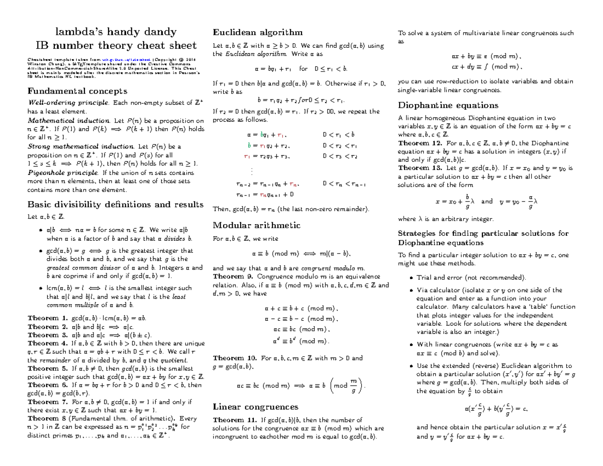IB Number Theory Cheat Sheet: Key Concepts and Theorems - Studocu