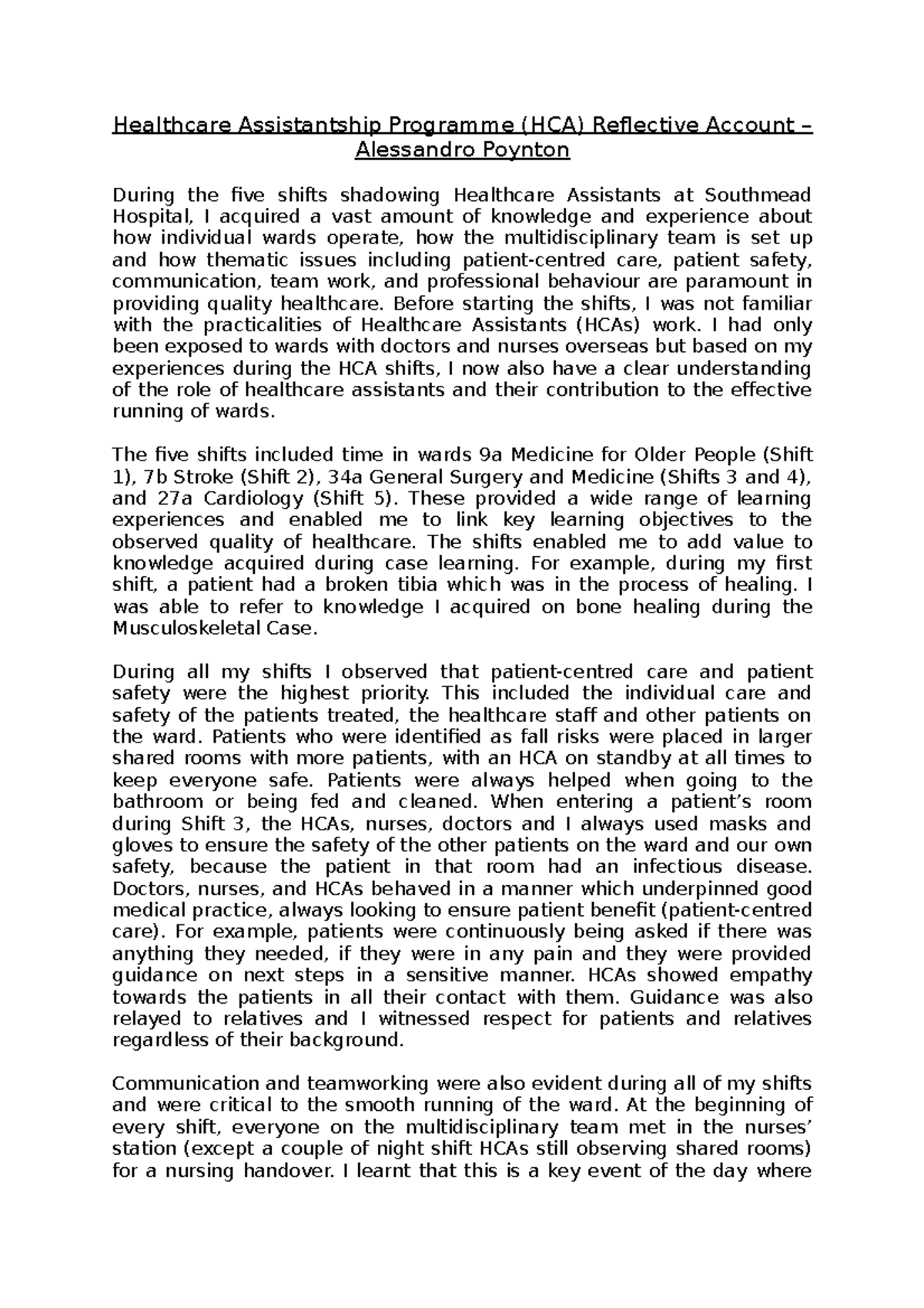 HCA Reflective Account – Insights from Shadowing in Hospital Wards ...