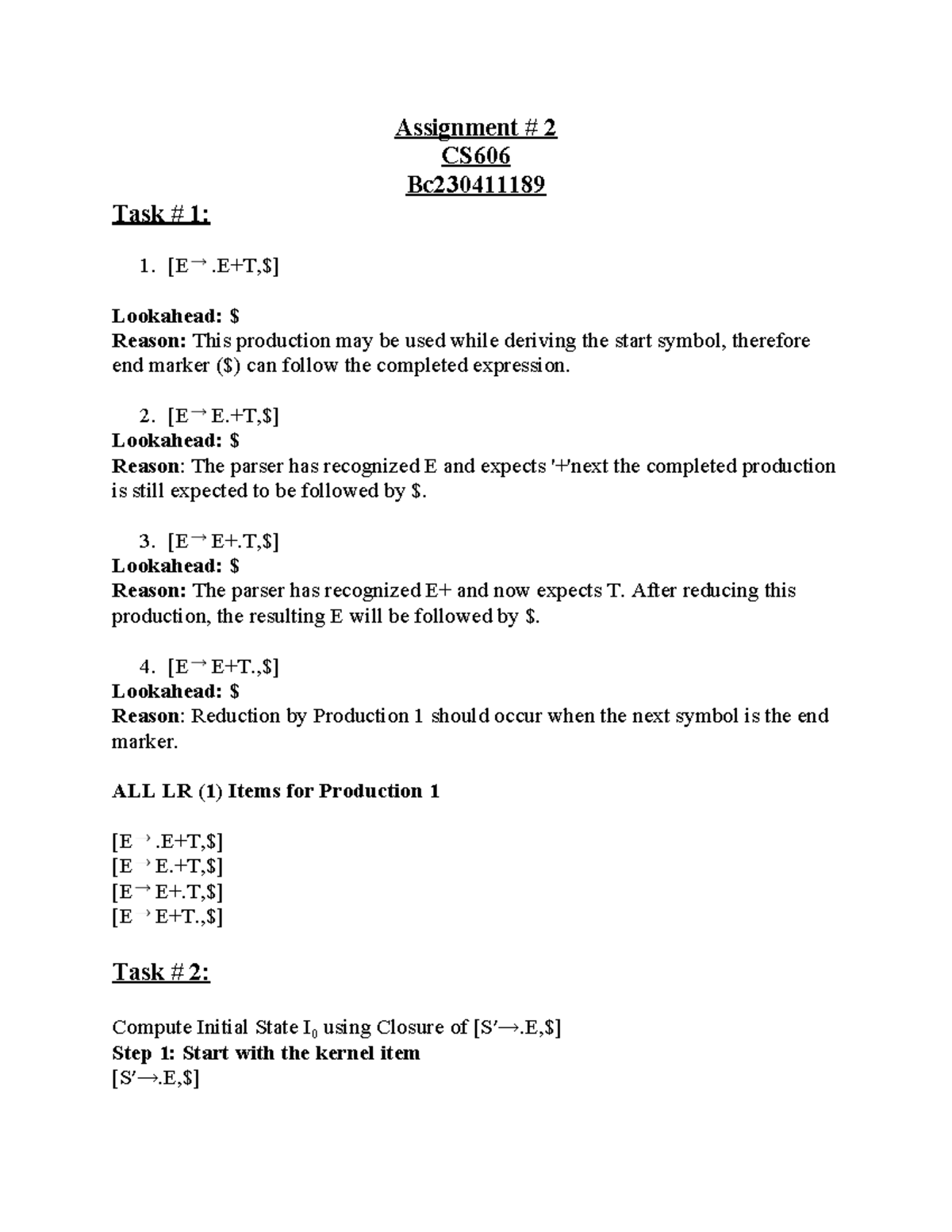 CS606 Assignment 2: LR Parsing Lookahead and State Computation - Studocu