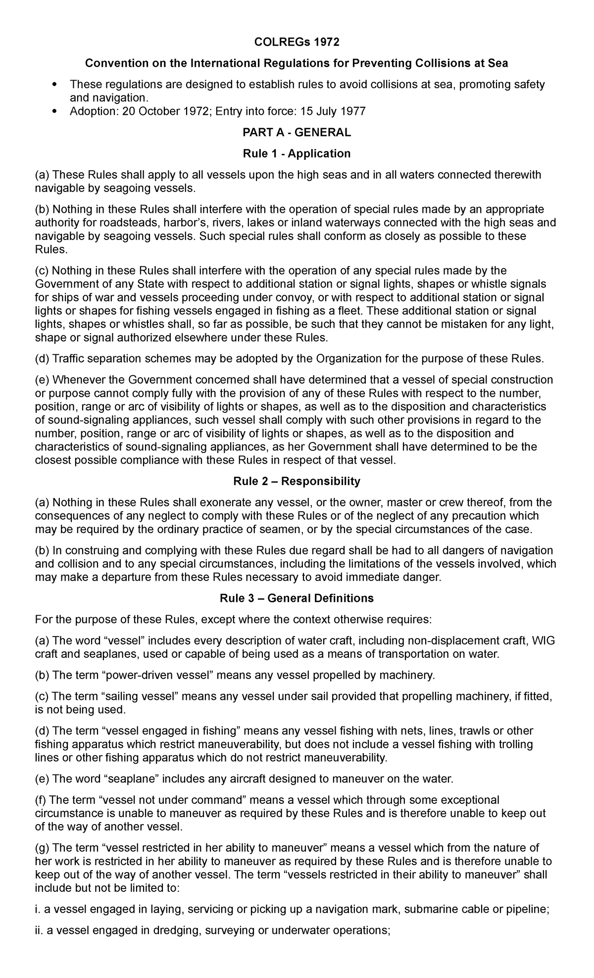 COLREGs 1972: International Regulations for Preventing Collisions at ...