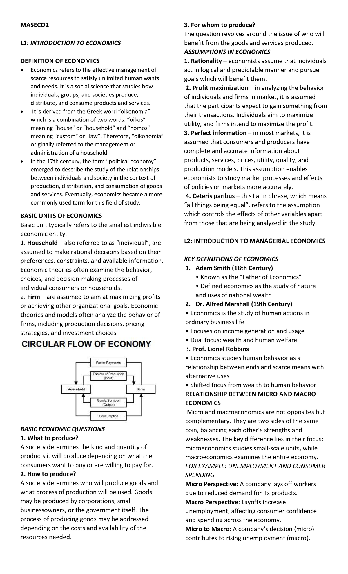 MASECO2 L1: INTRODUCTION TO ECONOMICS AND MANAGERIAL ECONOMICS - Studocu