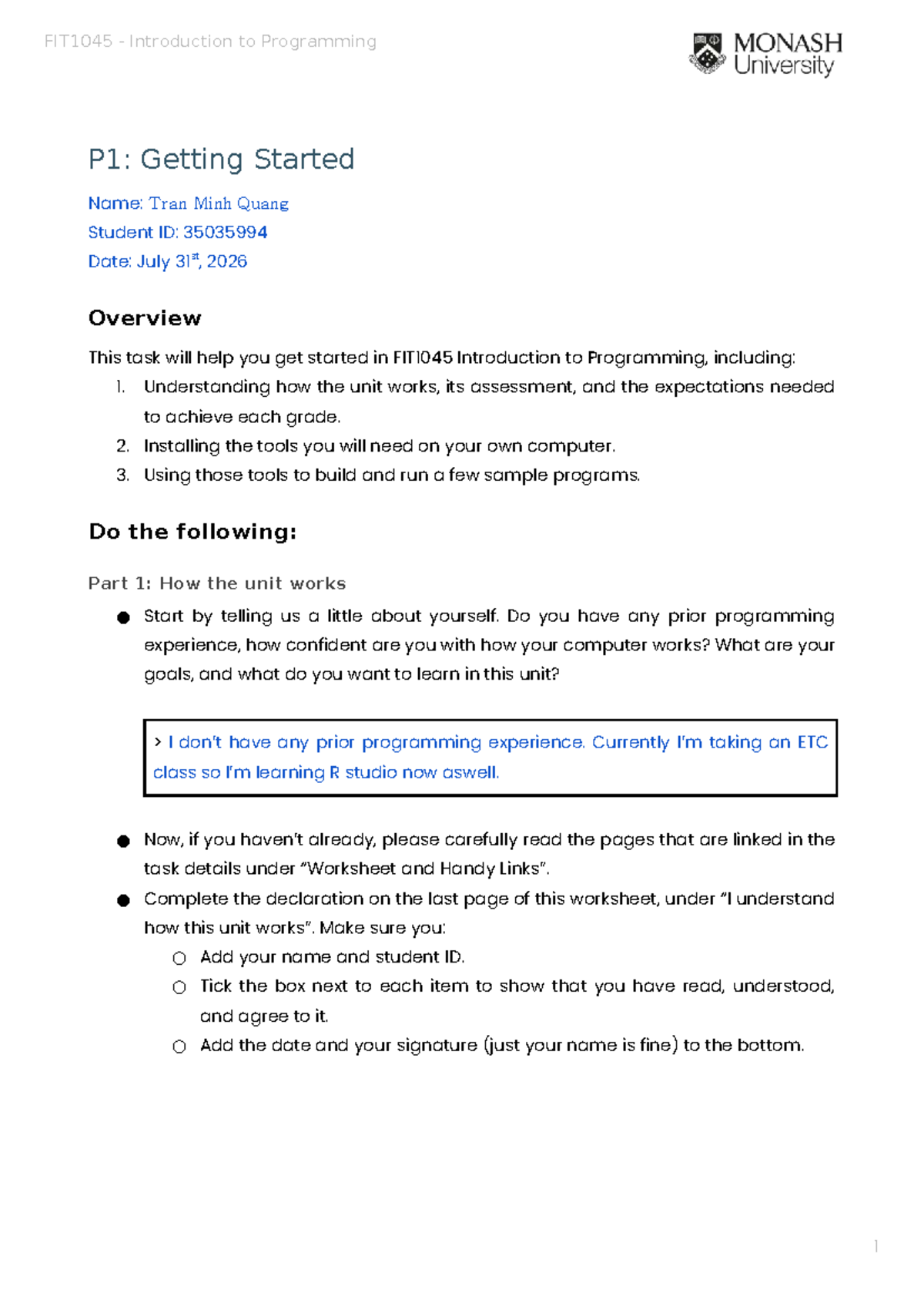 FIT1045 Introduction to Programming P1: Getting Started Worksheet - Studocu