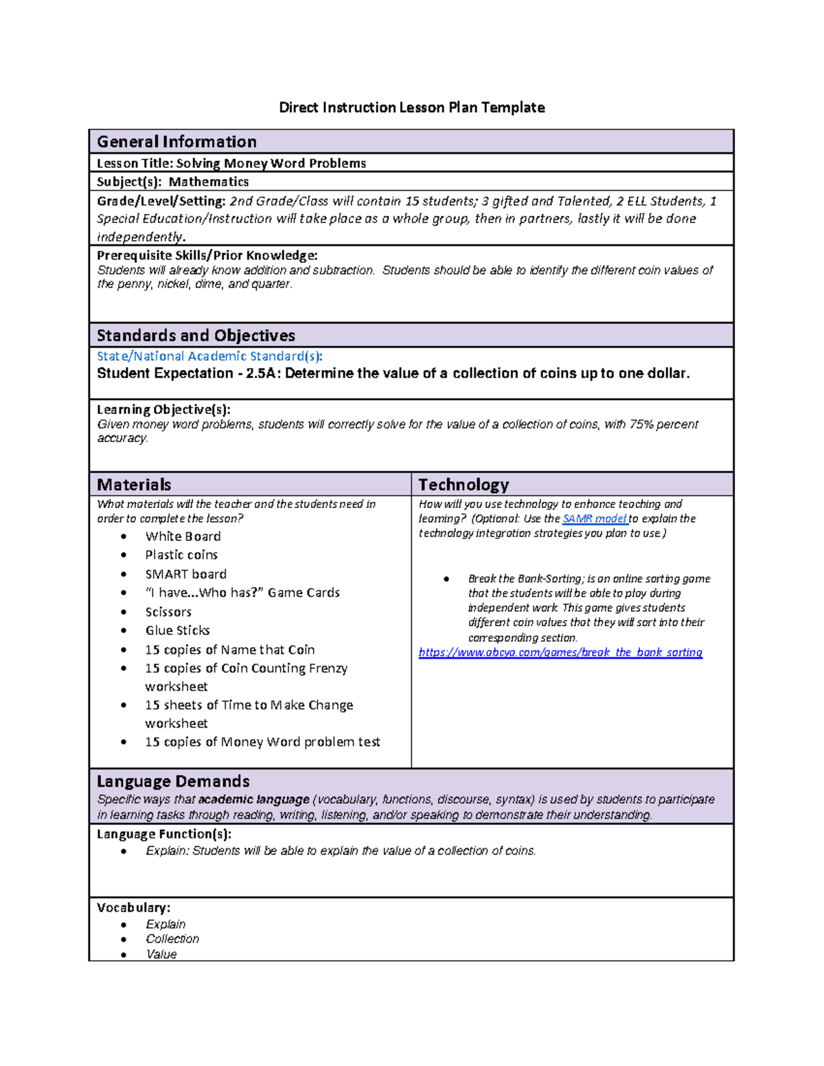 Math Method Lesson Plan: Solving Money Word Problems for 2nd Grade ...