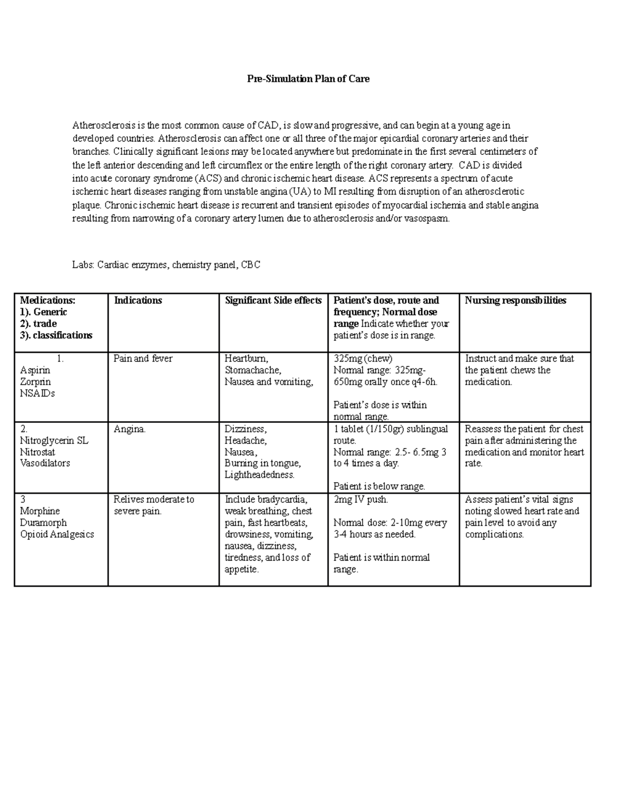 CAD Case Study: Pre-Simulation Care Plan for Atherosclerosis Management ...