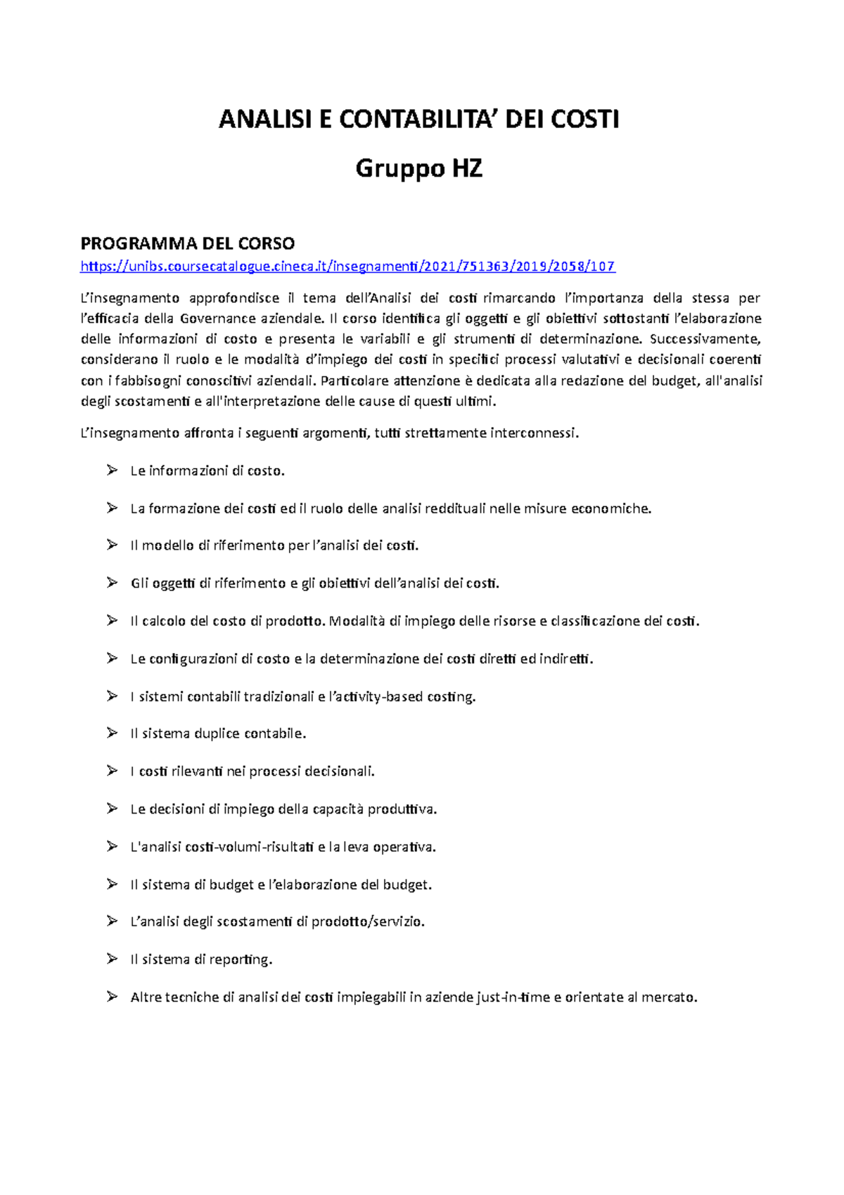 Analisi e Contabilità dei Costi - Programma Corso 2021-22 - Studocu