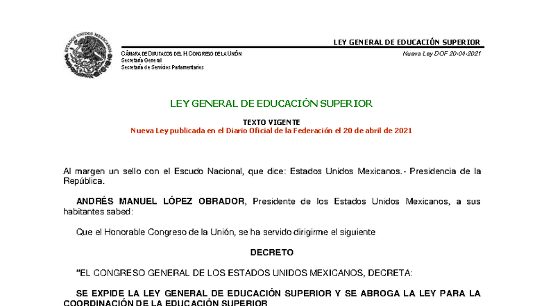 Ley General de Educación Superior (LGES) - Texto Vigente 2021 - Studocu