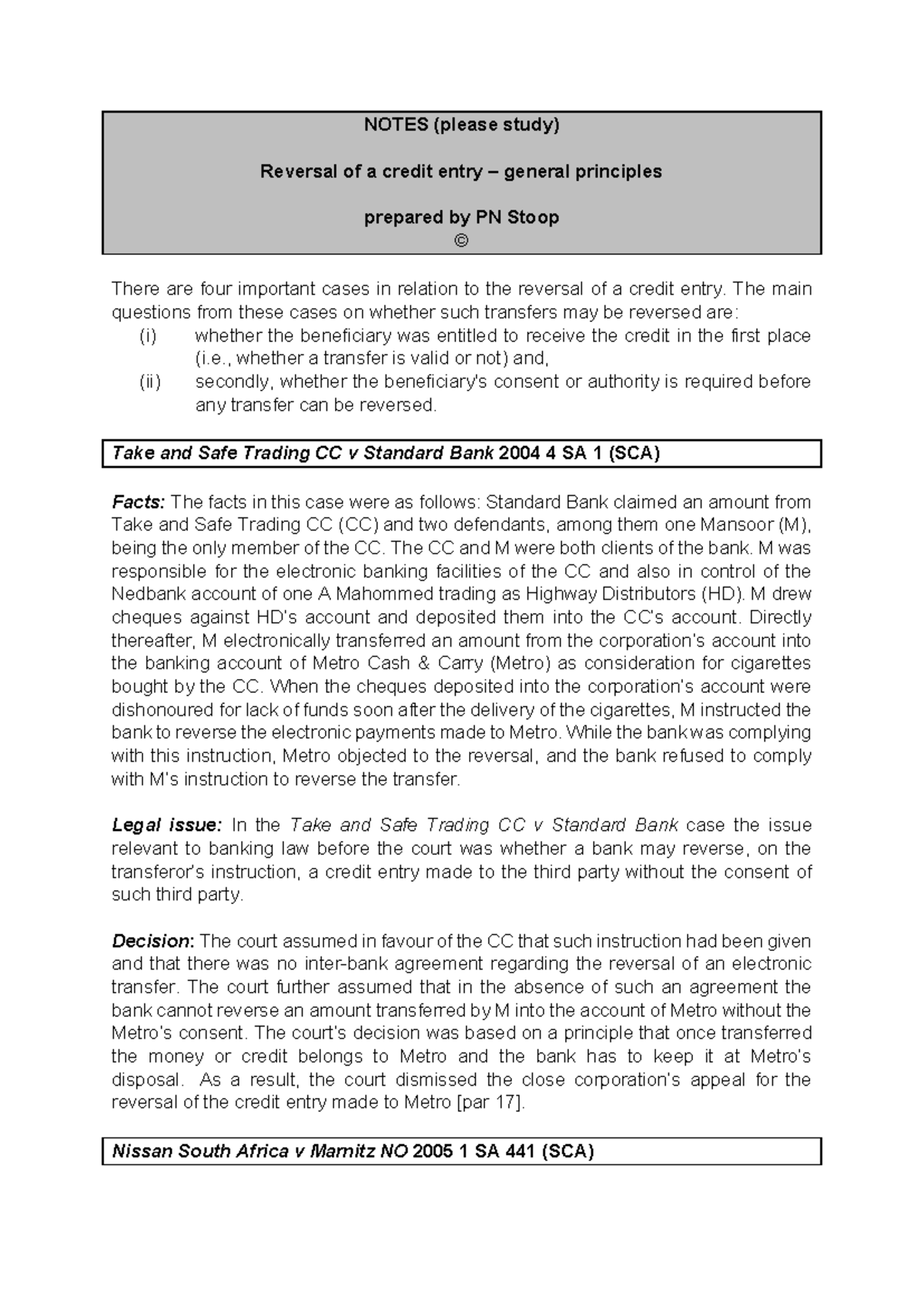 NOTES: Reversal of Credit Entry Principles (PN Stoop) - Studocu