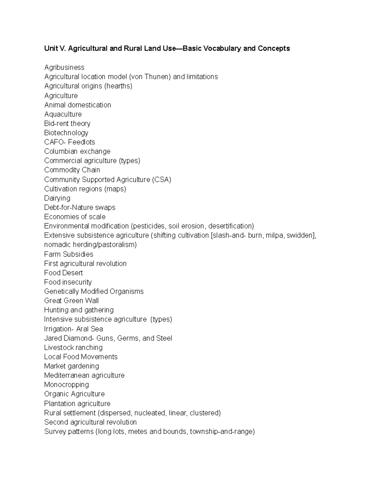 Unit V: Agricultural & Rural Land Concepts Study Guide - Studocu
