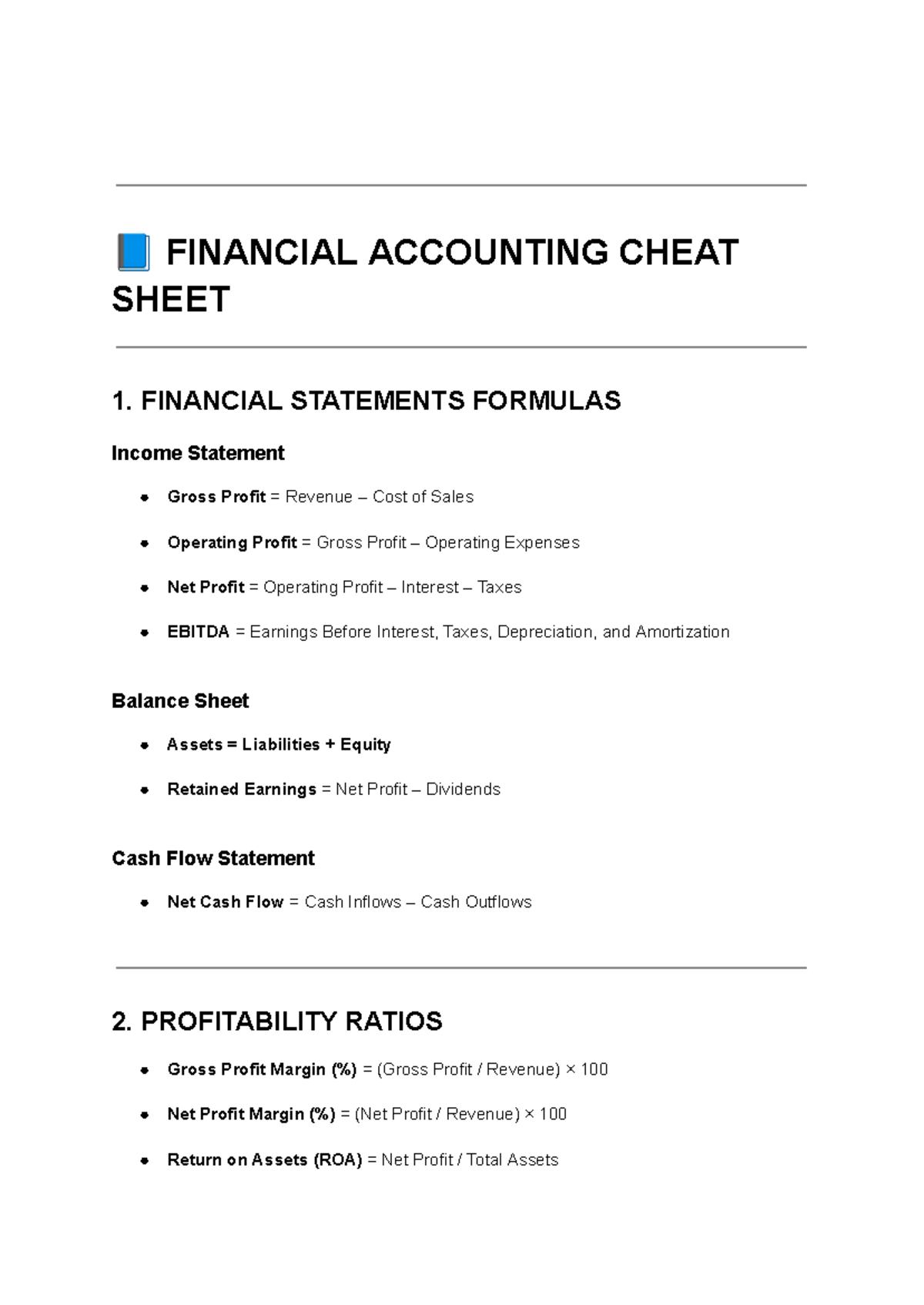 FIN 101: Financial Accounting Cheat Sheet & Key Formulas - Studocu