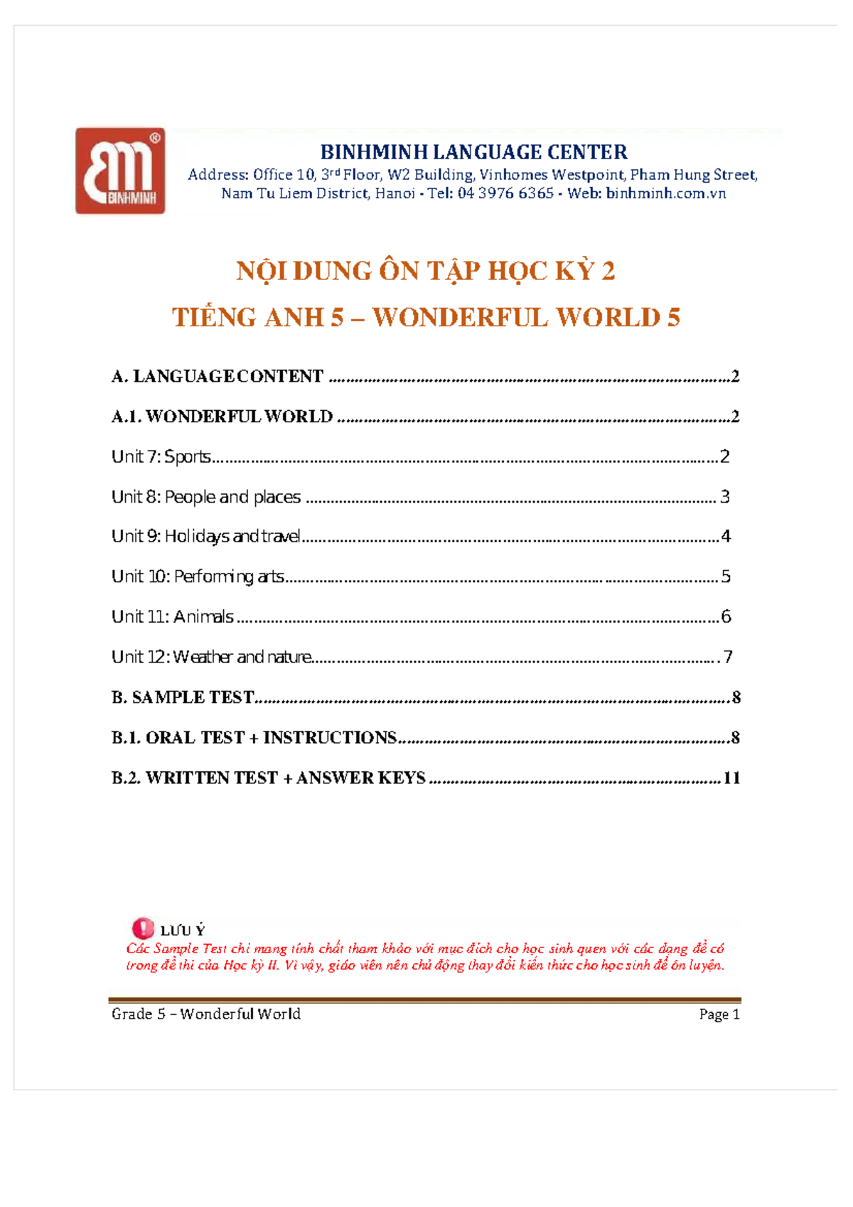 Tiếng Anh 5: Ôn Tập Học Kỳ 2 - Wonderful World 5 - Studocu