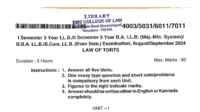 B.A. LL.B. I Sem. Law of Torts Exam Pattern - Aug 2024 - Studocu