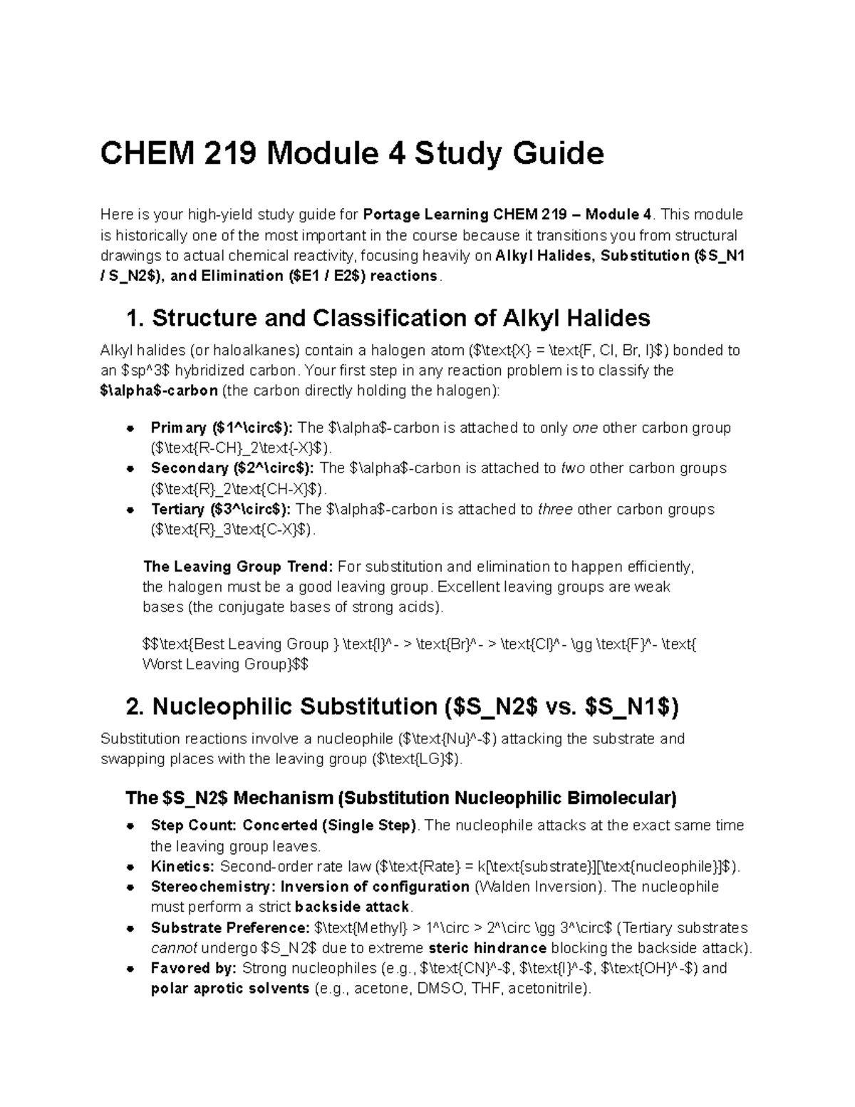 CHEM 219 Module 4 Study Guide: Alkyl Halides & Reactions - Studocu