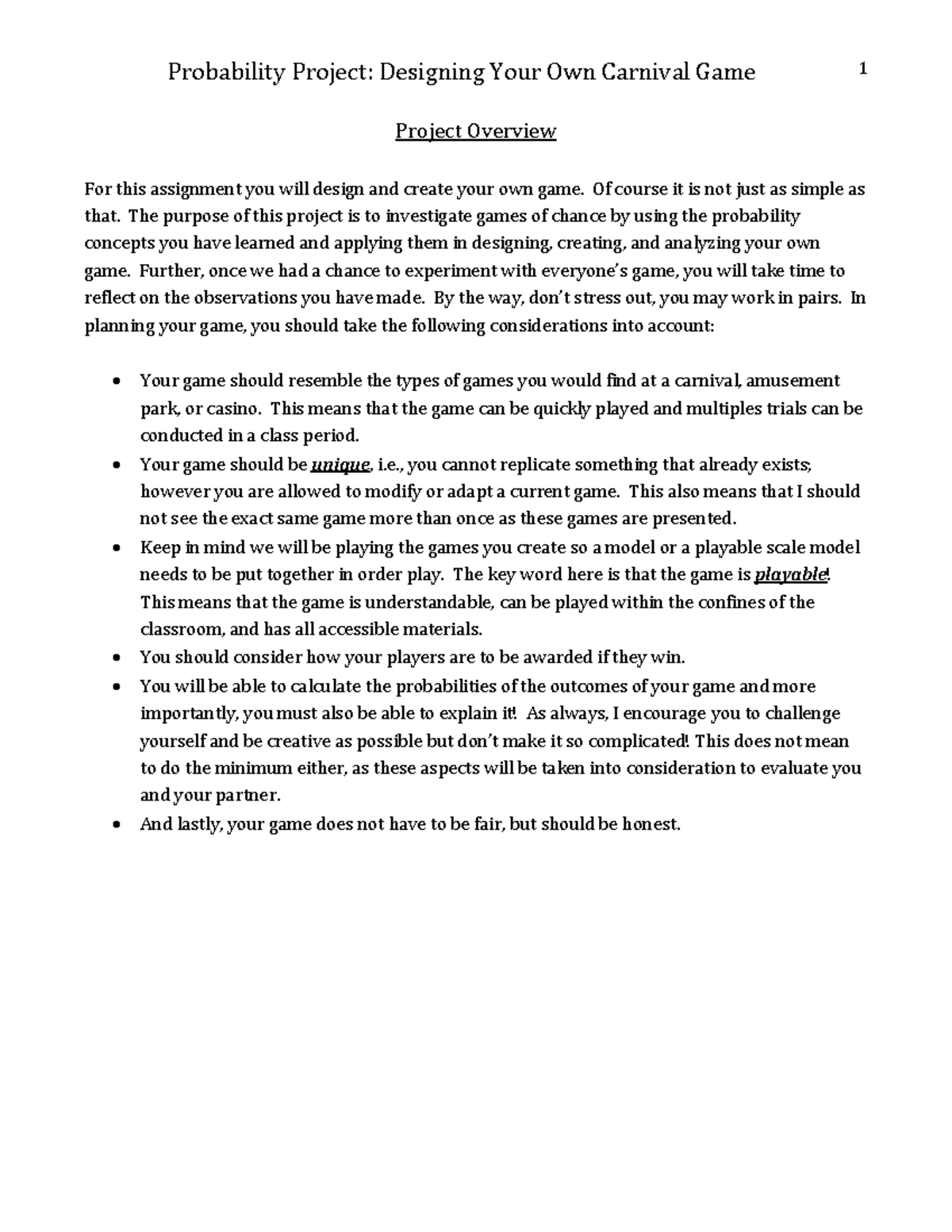 Probability Project: Designing Your Own Carnival Game (2020) - Studocu