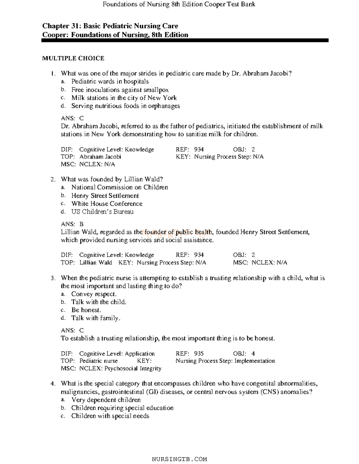 PEDS 101: Exam Questions on Pediatric Nursing Care - Ch. 31 - Studocu