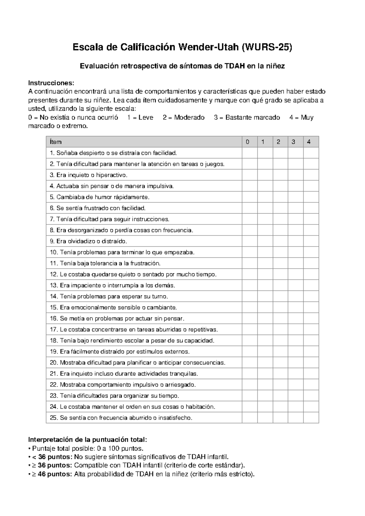Escala WURS25: Evaluación de Síntomas de TDAH en la Niñez - Studocu