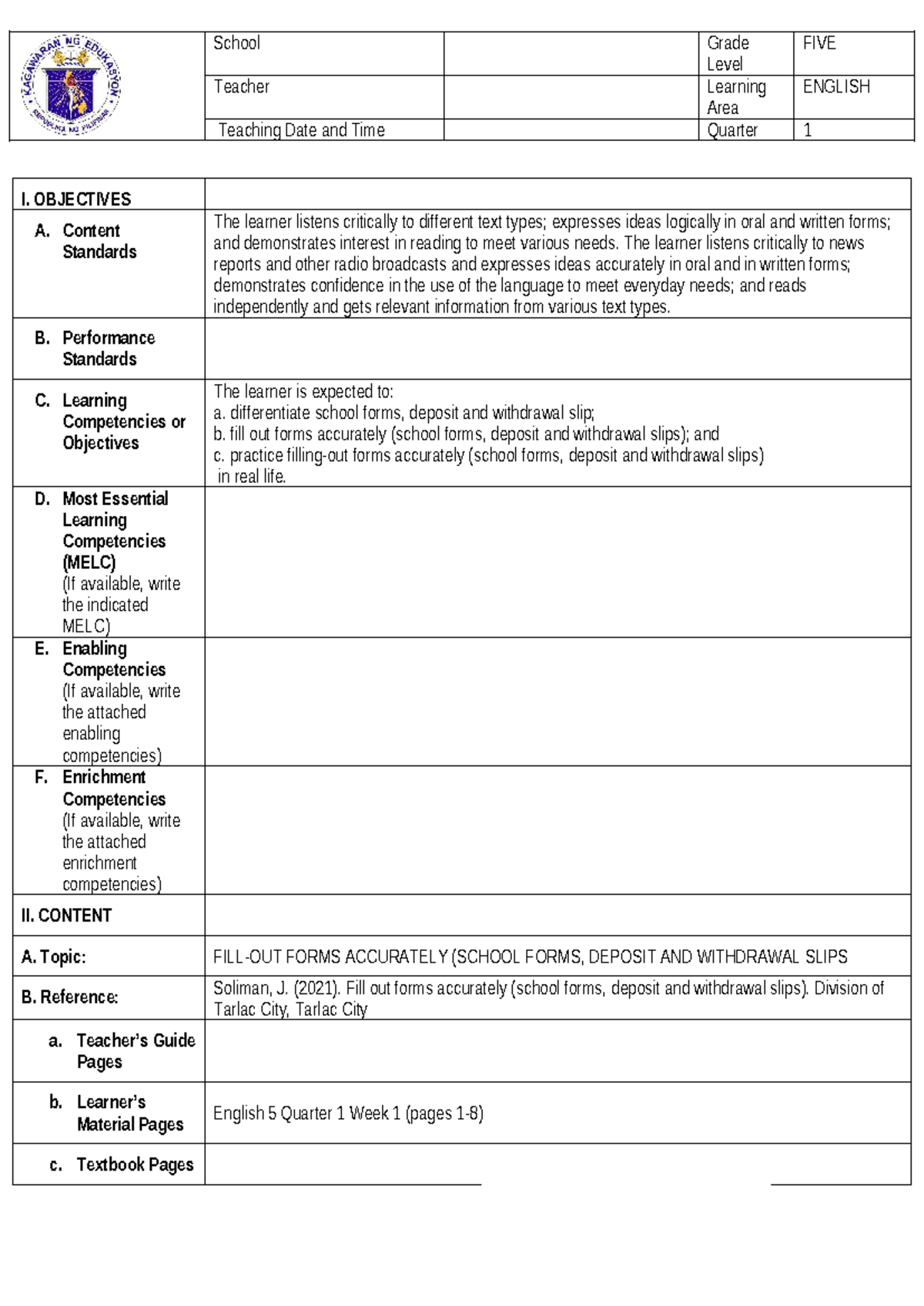 ENGLISH 5: Lesson on Filling Out School Forms & Slips - Studocu