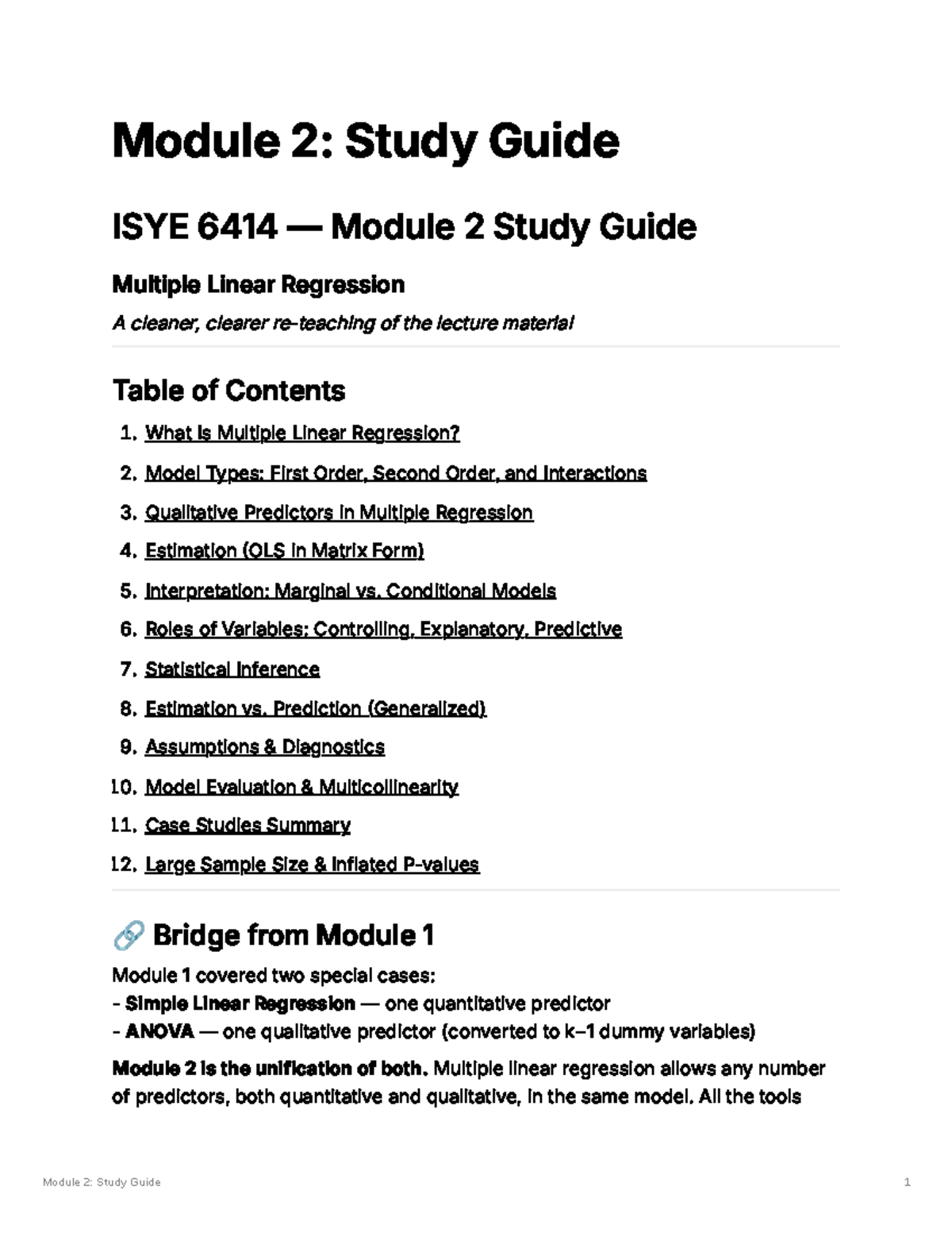 ISYE 6414 Module 2 Study Guide: Multiple Linear Regression Concepts ...