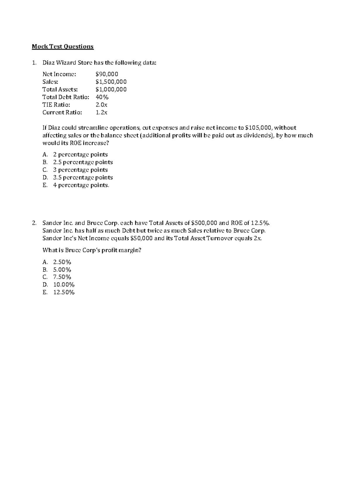 Mock Test (FIN 101) Questions for Financial Analysis and Ratios - Studocu