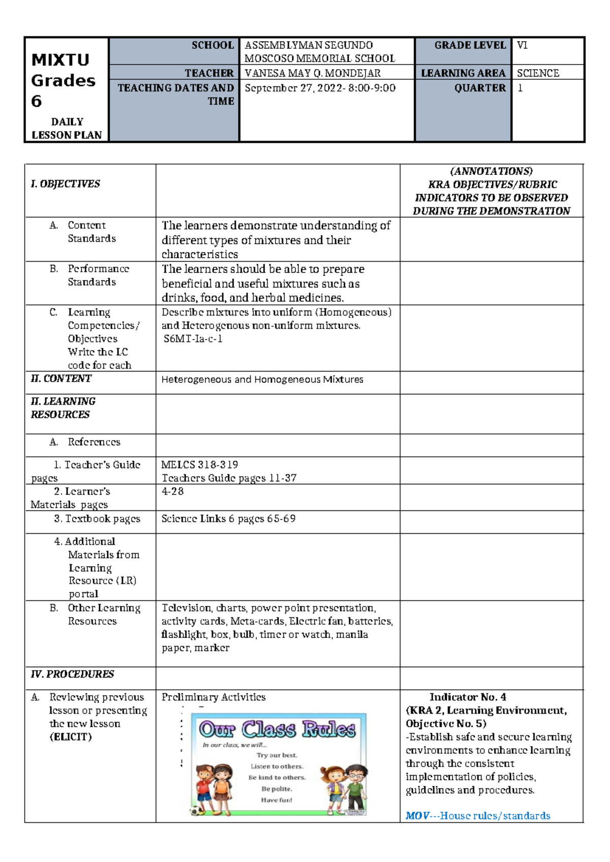 MIXTU Grades 6 Science Daily Lesson Plan on Mixtures by Vanesa May Q ...