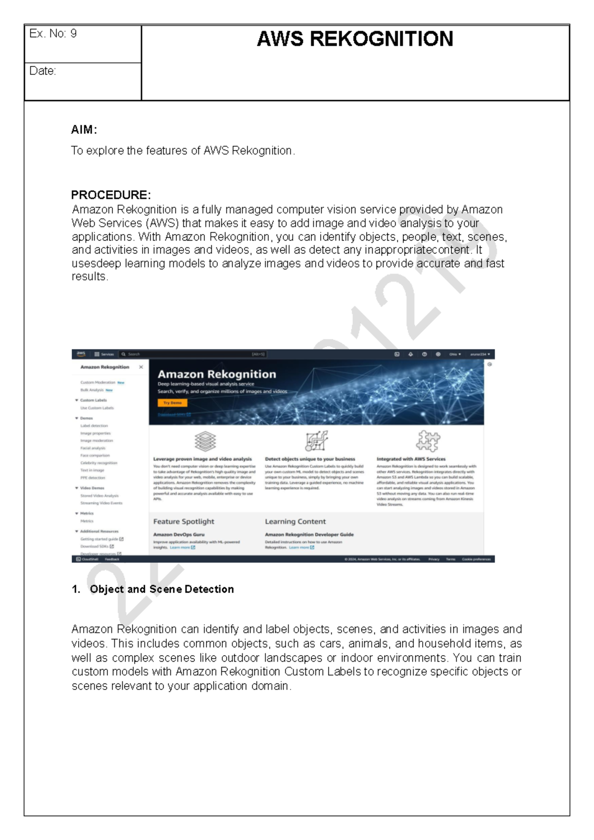 Ex. No: 9 - Exploring AWS Rekognition Features - Studocu