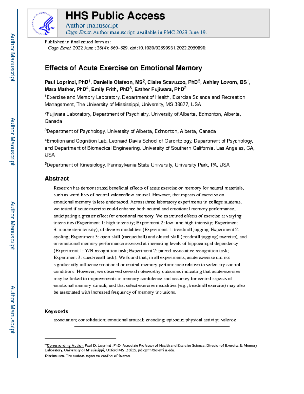 Effects of Acute Exercise on Emotional Memory: A Study (HHS 2023) - Studocu