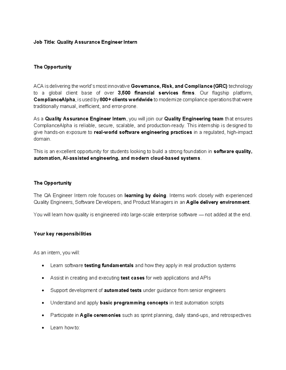 Quality Assurance Engineer Intern - Job Description (QA-Intern) - Studocu