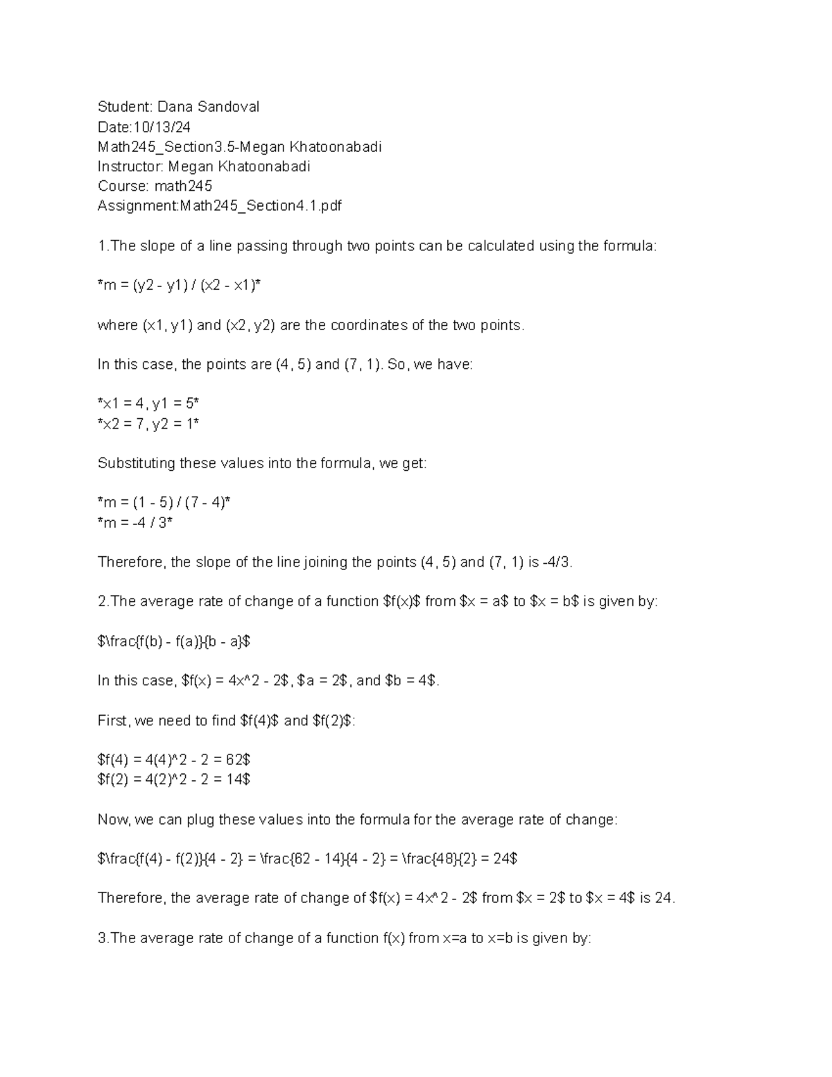 Math245 - Assignment on Slope and Average Rate of Change - Studocu