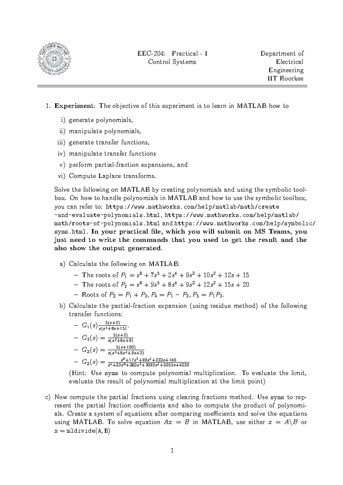 Practical I: Control Systems in MATLAB - EE IIT Roorkee - Studocu