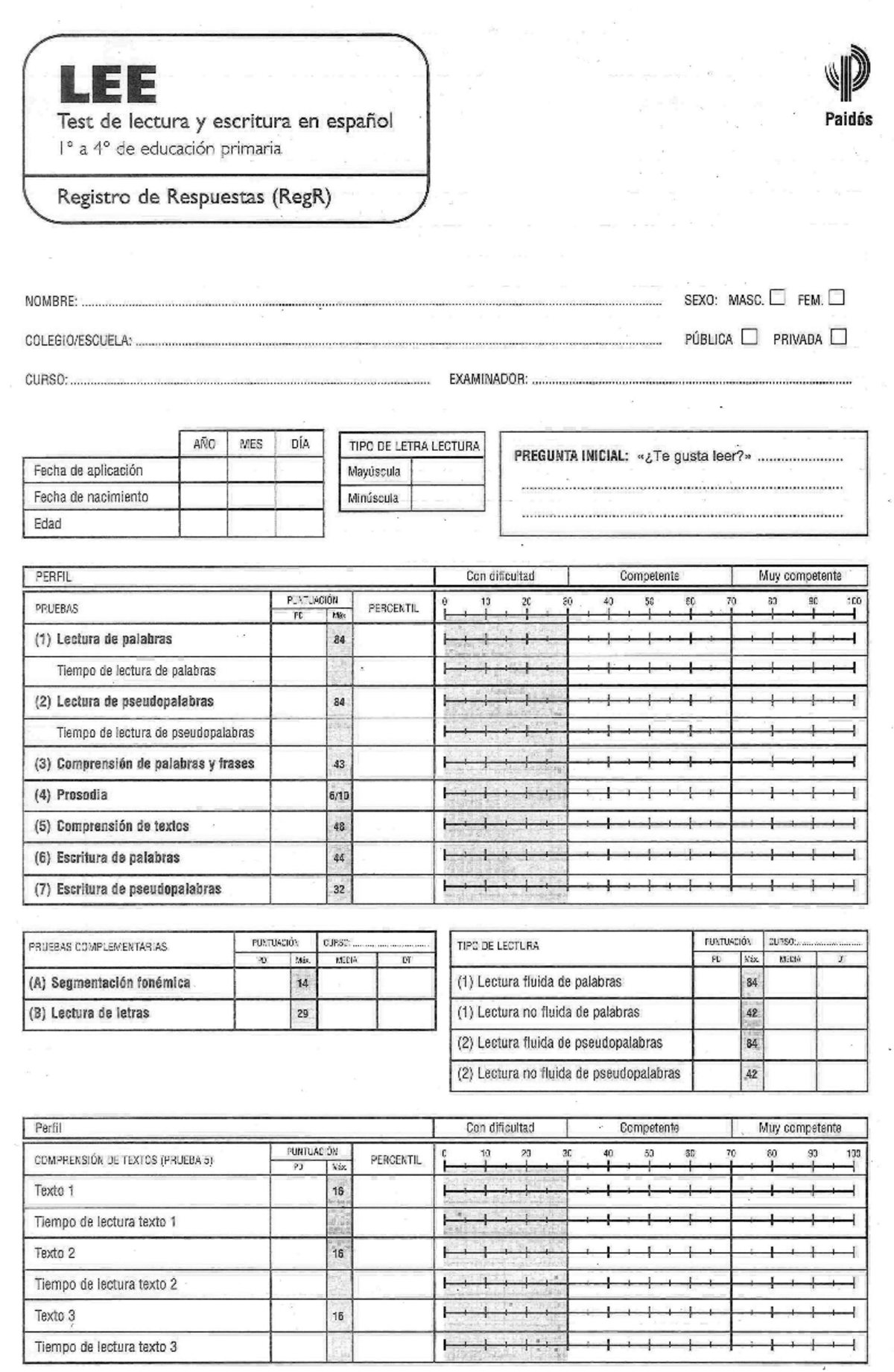 Registro de Respuestas del Test LEE de Lectura y Escritura - Studocu