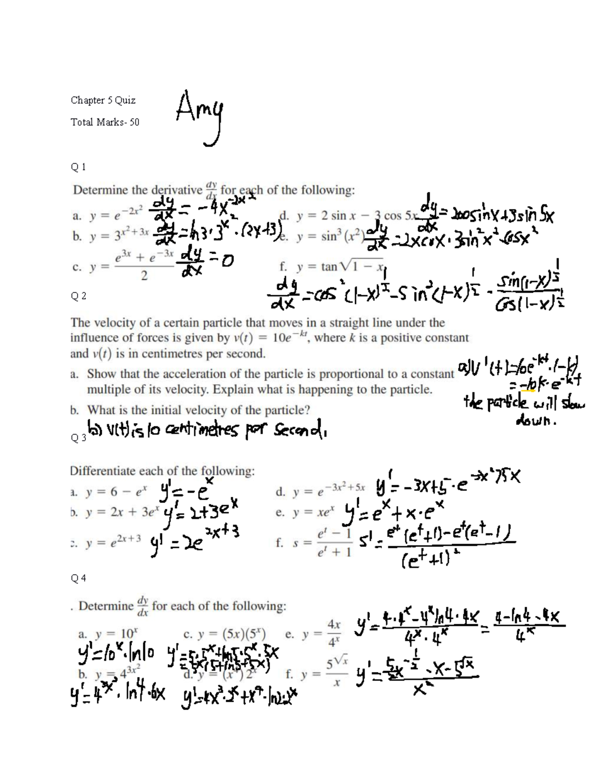Chapter 5 Quiz: Derivatives and Particle Motion Analysis - Studocu