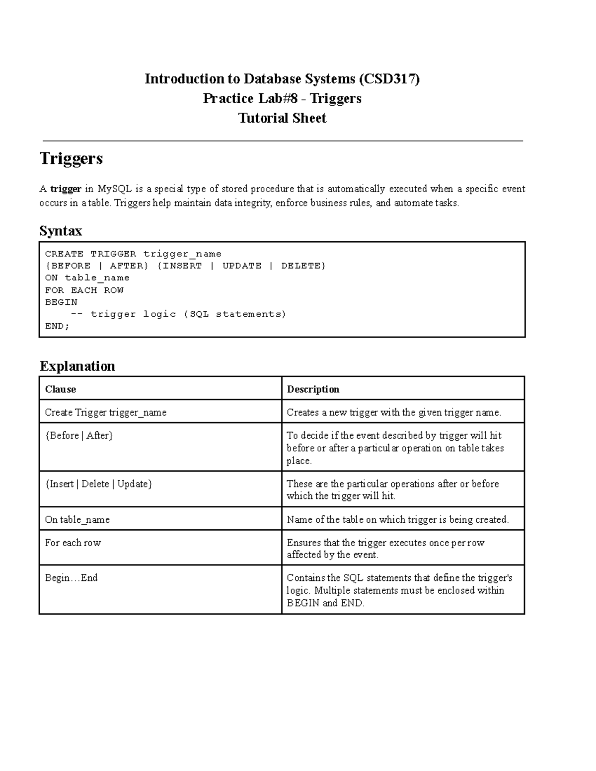 Practice Lab 8 - MySQL Triggers Tutorial (CSD317) - Studocu