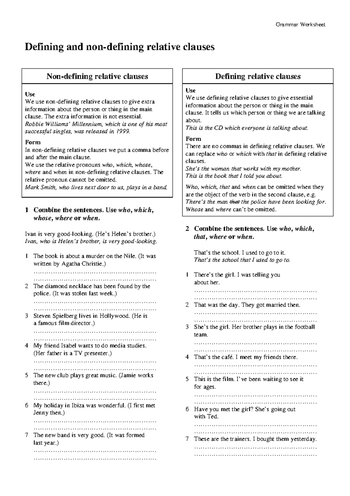 Defining-relative-clauses - Grammar Worksheet Defining and non-defining ...