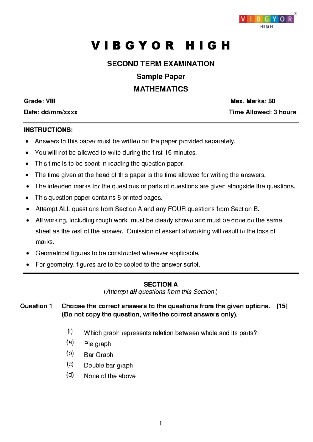 CISCE Grade 8 Maths Term 2 Sample Paper - Max Marks: 80 - Studocu