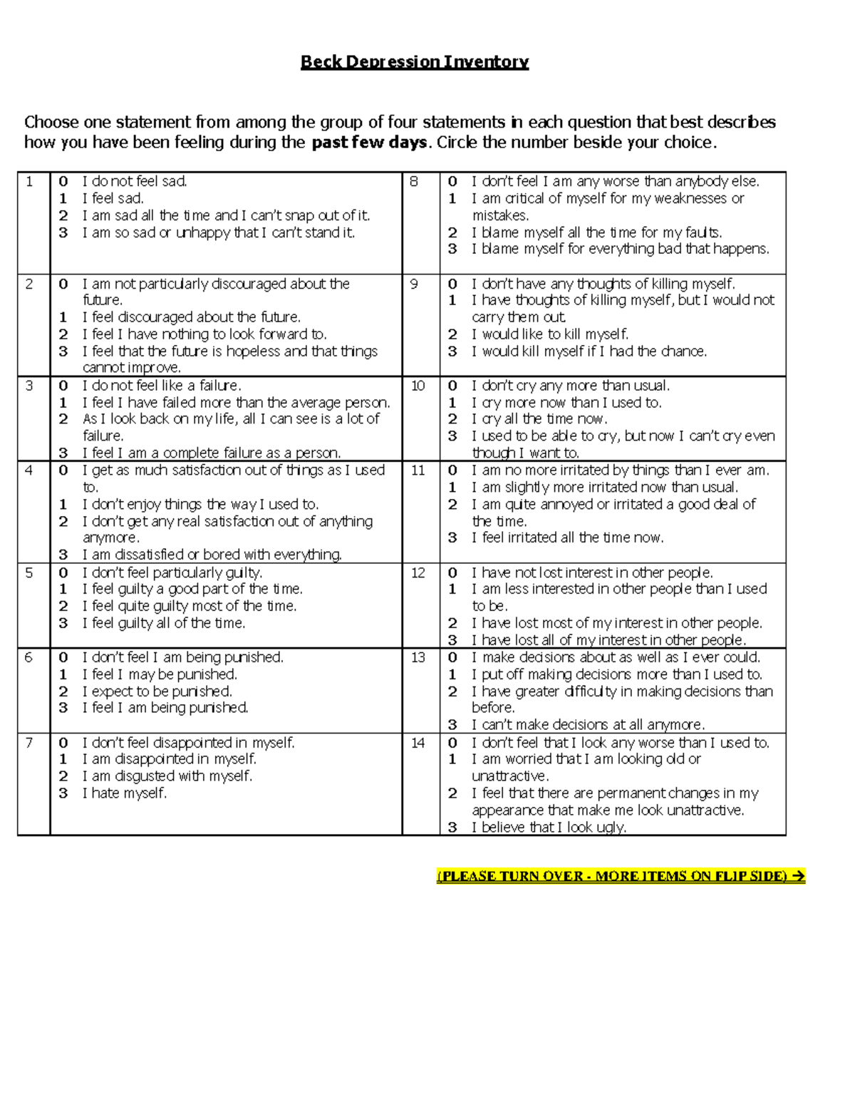 BDI - bdi - Beck Depression Inventory Choose one statement from among ...