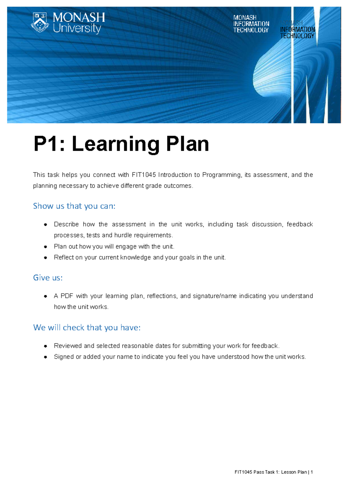 FIT1045 P1: Learning Plan and Assessment Overview - Studocu