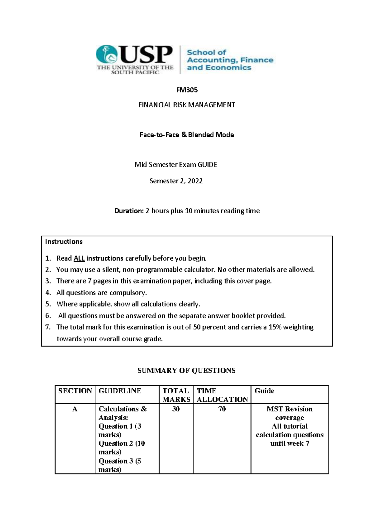 FM305 Financial Risk Management Mid Semester Exam Guide - Studocu