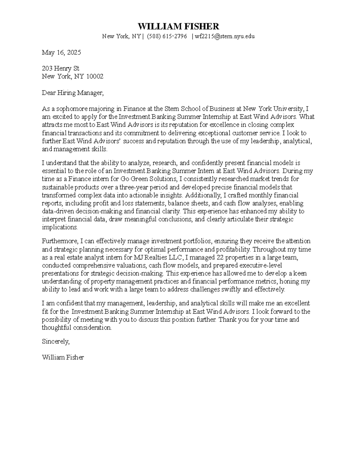 FIN 203 Investment Banking Summer Internship Cover Letter - William ...
