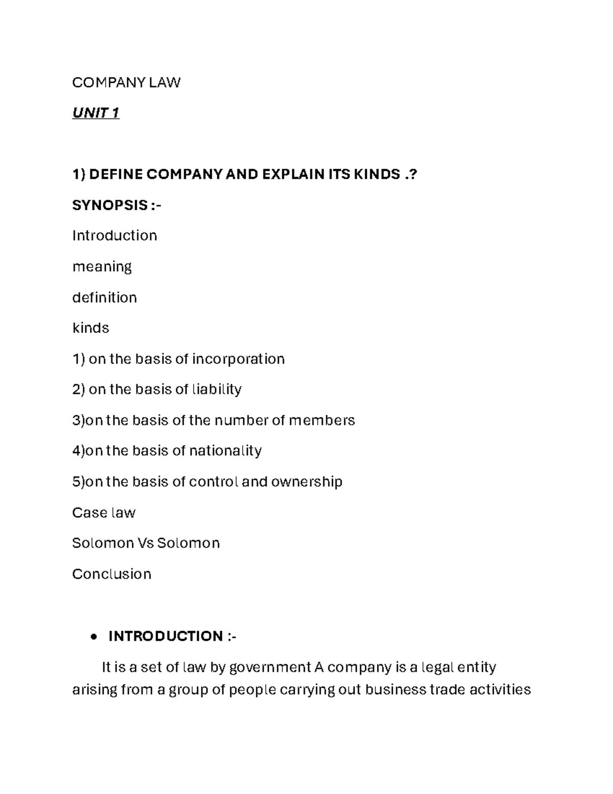 COMPANY LAW UNIT 1: DEFINITIONS, KINDS, AND CASE STUDIES - Studocu