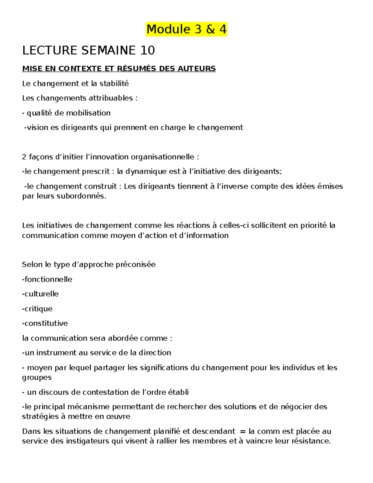 Résumé Personnel Module 3 et 4 : Gestion du Changement et Communication ...