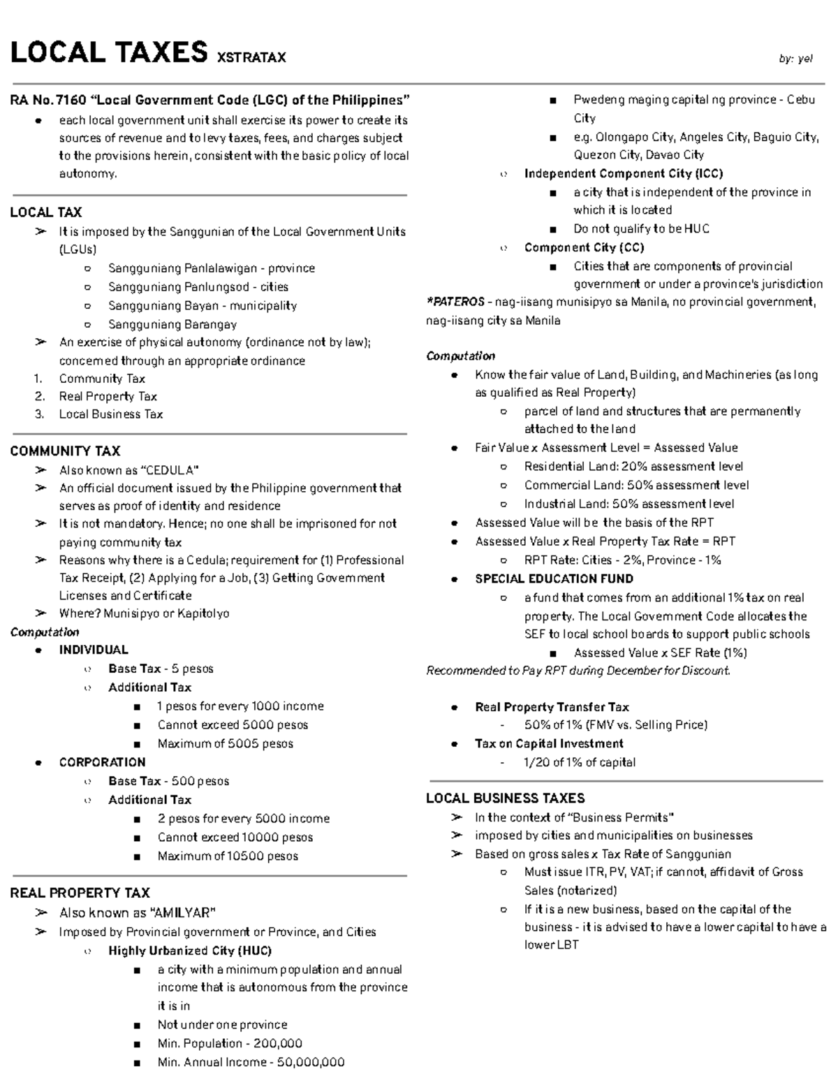 Local Taxes Overview: Key Points from RA No. 7160 and Tax Types - Studocu