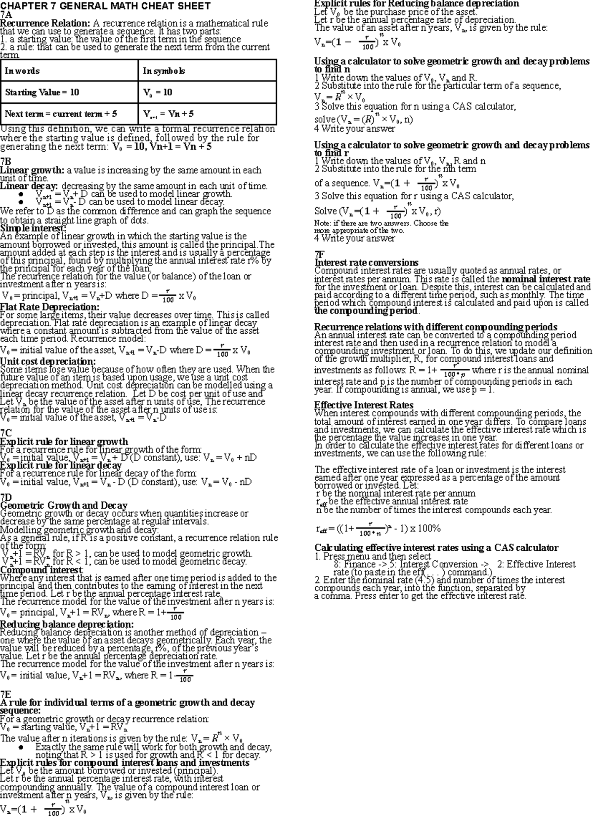 General Math Cheat Sheet: Recurrence Relations & Financial Models - Studocu