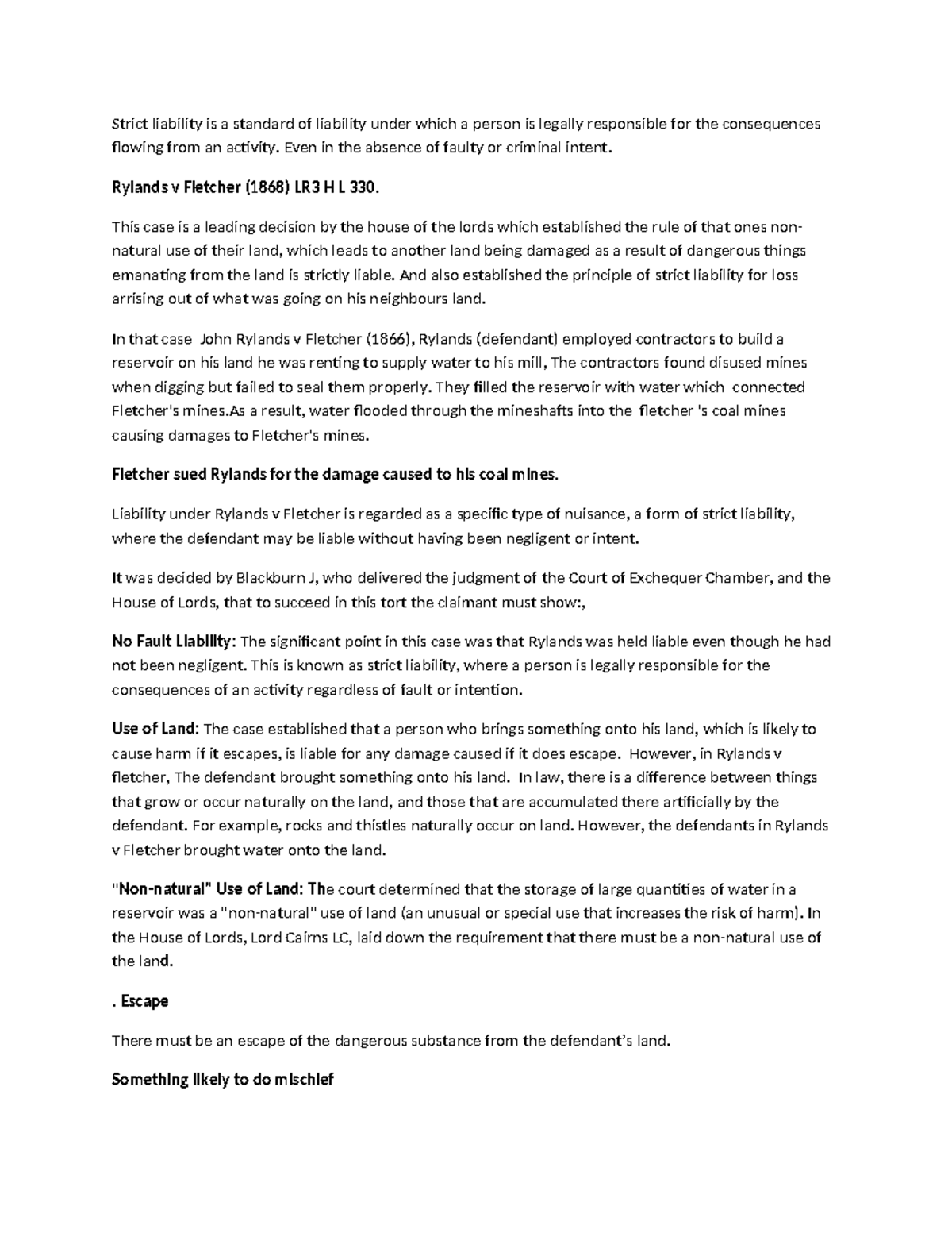 Rylands v Fletcher - Overview of Strict Liability Case Law - Studocu